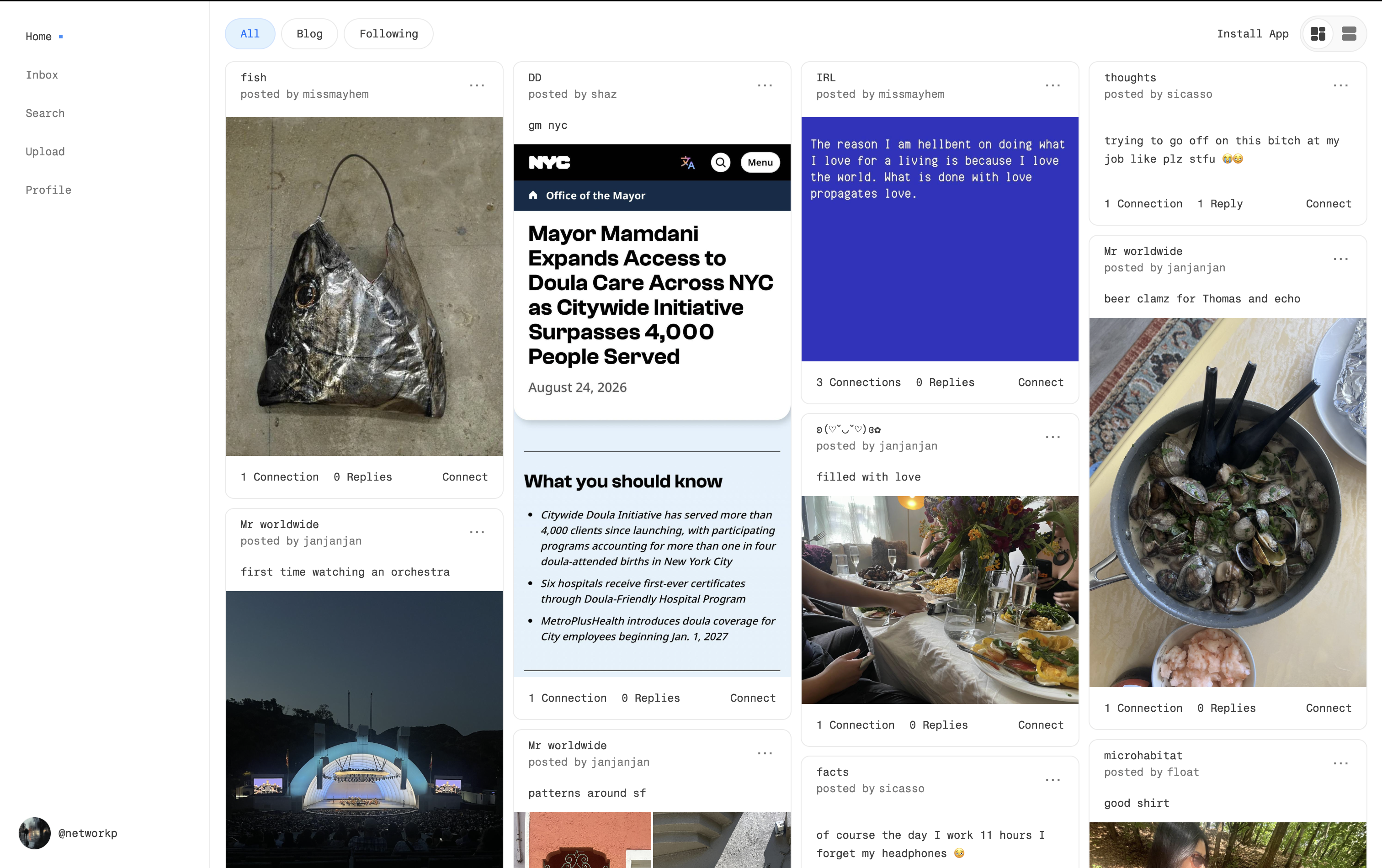 The River social interface arranged as a multi-column feed